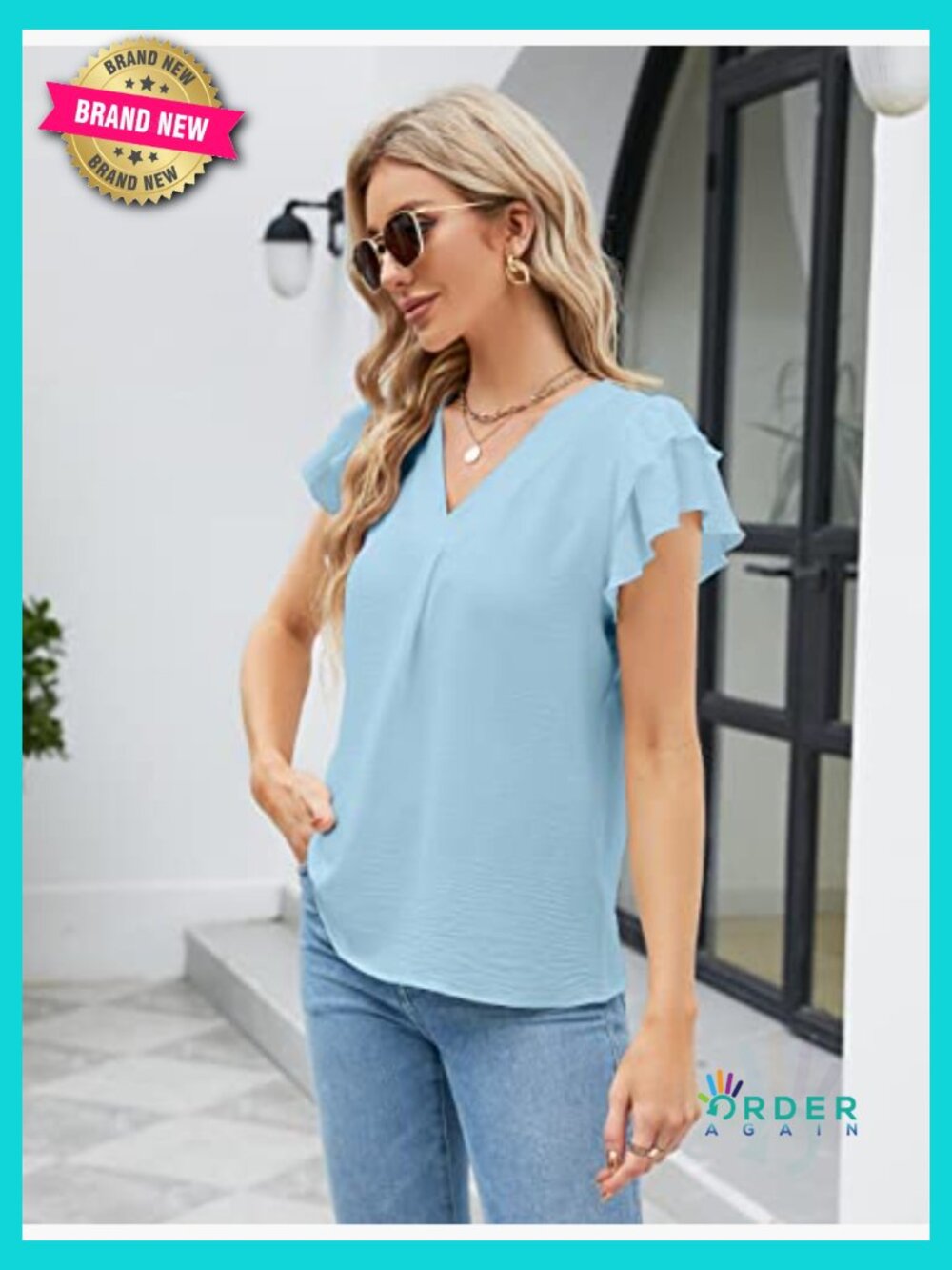 Flutter Sleeve V-Neck Blouse Lightweight Stretch Fabric Business Casual Tops - Picture 4 of 7